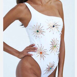 CALLIE ONE SHOULDER HAND EMBROIDERED WHITE SUIT